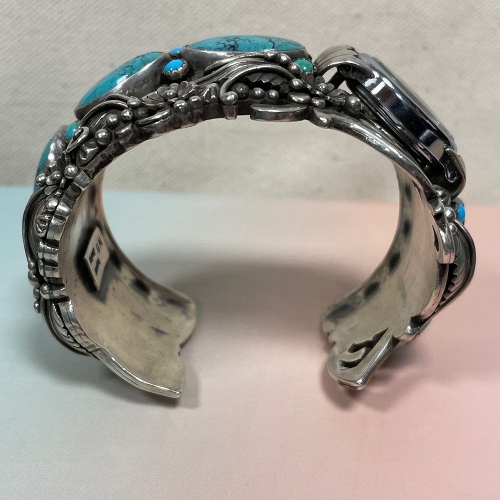 Native American Sterling Silver Turquoise Decorative Bangle Bracelet Watch - Picture 5 of 15